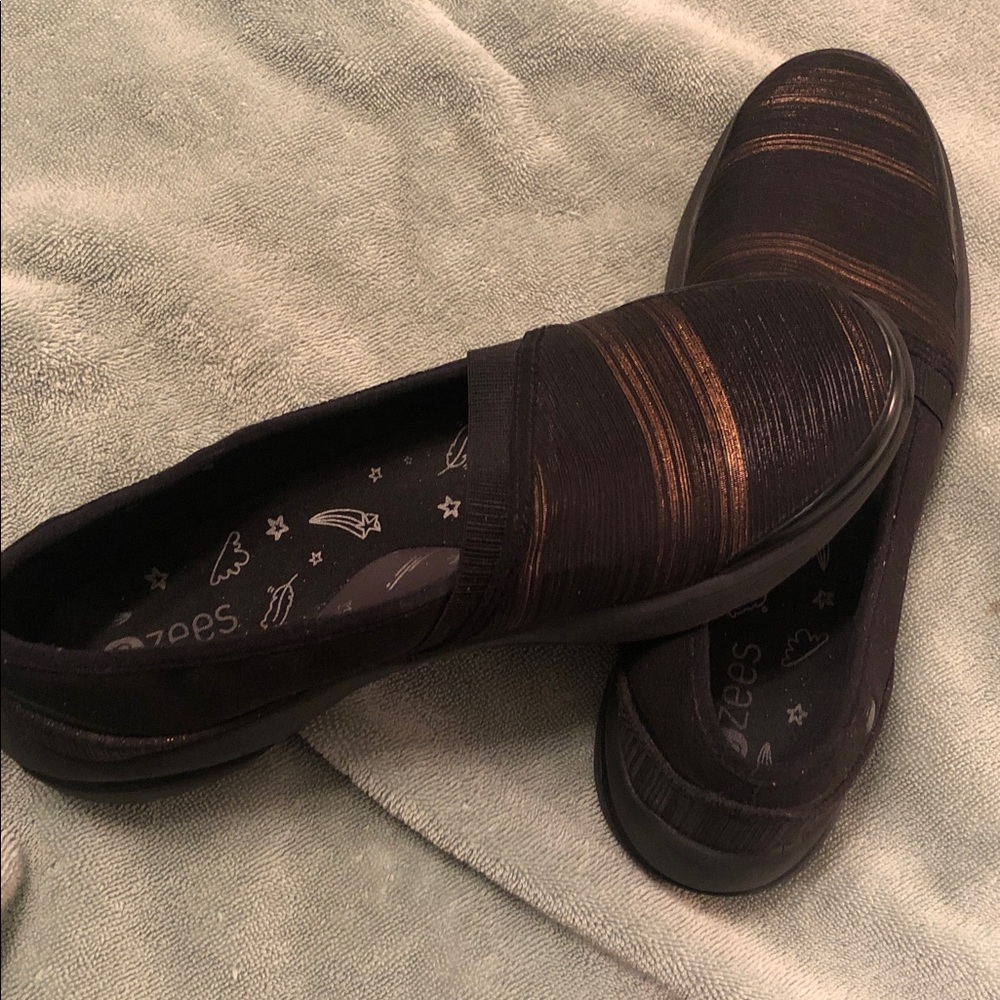 Bzees Black Slip-On Flats with Bronze Accent Stripes